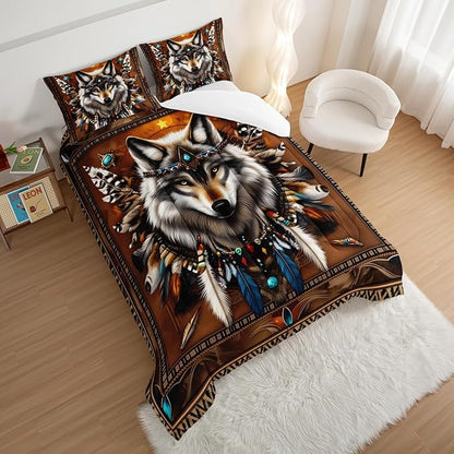 HOSIMA Wolf Twin Bedding Sets for Kids,Tribe Decoration Print Animal Bedding,Lightweight Fluffy Dreamcatcher Feather Pattern Wolf Comforter for Teens Boys Room Decor with 2 Pillowcases.