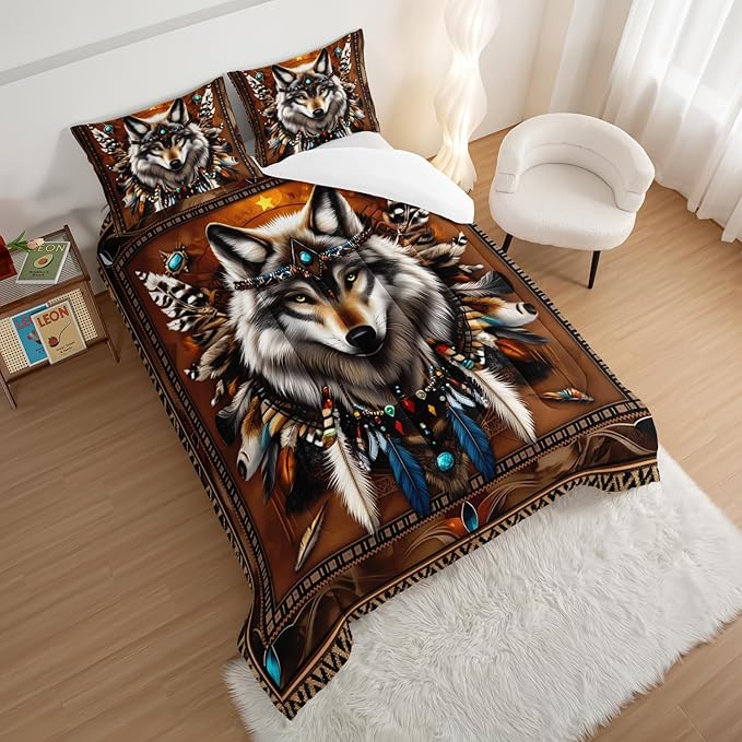 HOSIMA Wolf King Size Comforter Set for Kids,Tribe Decoration Print Animal Bedding,Lightweight Fluffy Dreamcatcher Feather Pattern Wolf Comforter for Teens Boys Room Decor with 2 Pillowcases.