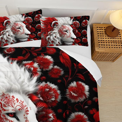 Red and Black Lion King Size Comforter Set for Men，King Size Quilt Bedding Set Floral，Wild Animal Print Comforter Set，with 1 Comforter with 2 Pillow Case