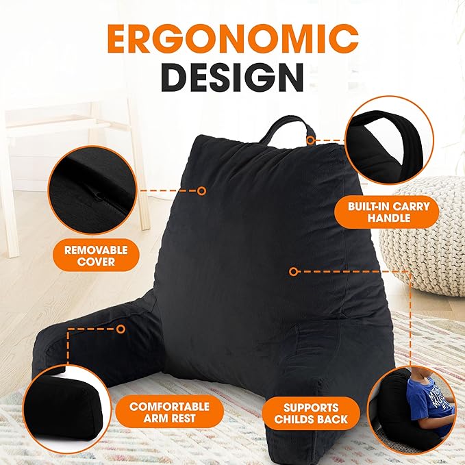 Cheer Collection Reading Pillow with Arms – Portable Bed Pillow for Sitting Up & Support, Foam-Filled Back Rest Pillow for Sitting in Bed & Couch, Machine Washable, Black