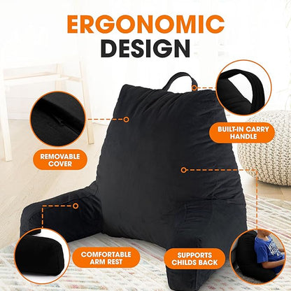 Cheer Collection Reading Pillow with Arms – Portable Bed Pillow for Sitting Up & Support, Foam-Filled Back Rest Pillow for Sitting in Bed & Couch, Machine Washable, Black