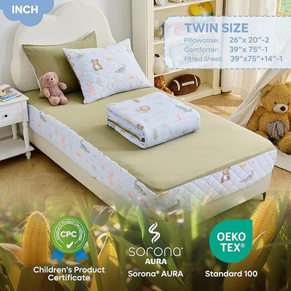 Bestier Twin Size 4Pcs Kids Comforter Sets, Zipper Bedding Set for Boys, Kids Bedding Set Cartoon Comforter for Kid, Zipper Bedding Certified - OEKO-TEX100, (Light Blue, Twin, 39"x75")