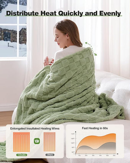 Heated Throw Blanket 50"x60" - 9-Level Fast Heating & 1-10H Timer, Fluffy Plush Blanket with Snap Buttons for Secure Fit, Soft Cozy Gift for Women/Men, for Couch, Bed & Office, Green