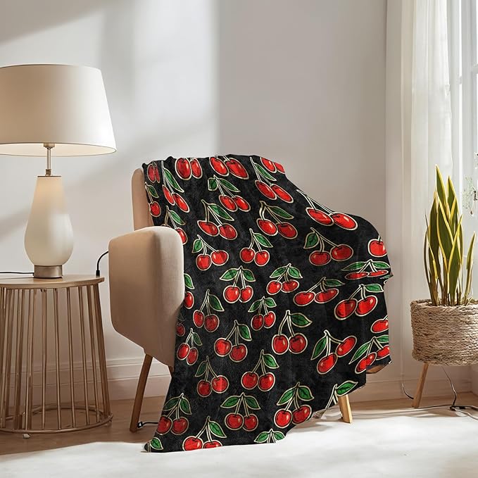 Cherry Blanket Gifts for Boys Girls Kids, Red Fruit Pattern Warm Soft Flannel Throw Blankets for Travel, Sofa, Living Room, Bedroom Decor, 60x80 in