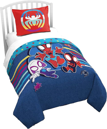 Jay Franco Duvet Cover Set – 3 Piece Comforter Cover and Sham Set, Super Soft Cozy Kids Bedding (Insert Not Included) Blue - Spidey & Friends, Twin
