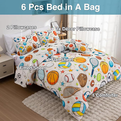 A Nice Night 6Pcs Queen Bedding Set for Boys, Sports Theme Comforter with Curling, Baseball & Basketball Design, Soft Athletic Kids Bedroom Decor(Yellow)