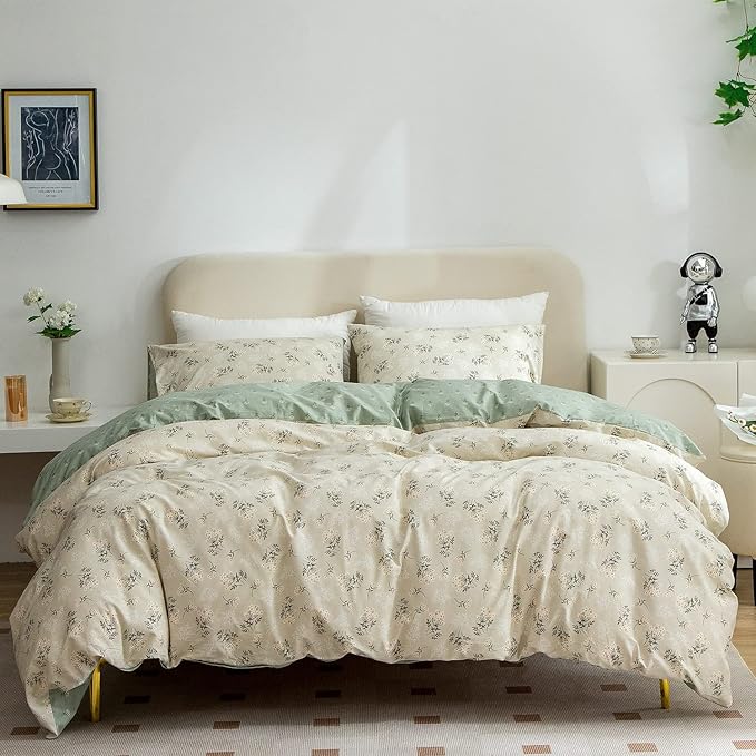 Cotton 3-Piece Twin Bedding Set - Reversible Floral Duvet Cover with Zipper Closure