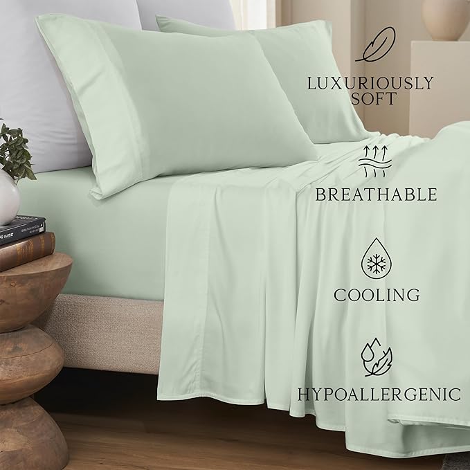 KARISSA MAE Cooling Bamboo Viscose Split King Sheet Set | 100% Organically Grown | 18” Deep Pocket | Silky, Soft, & Hypoallergenic | with Organizer Band & Elastic Corner Straps [Sea Glass]