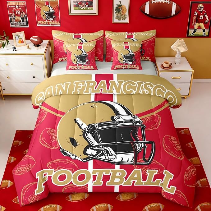 Feelyou Football Comforter Set with Sheets 7 Piece Full Size Ball Games Bed in a Bag Kids Boys Girls Rugby Bedding Set City of Footballs Bedroom Decor Rugby Sports