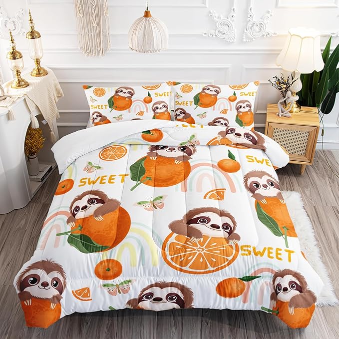 Cute Brown Sloth Bedding Animal Orange Butterfly Comforter 3Pcs Queen Rainbow Sweet Pattern Bedding Set for Kids Teens Girls Boys Bed Decor Tangerine Quilt with 1 Comforter and 2 Pillowcases