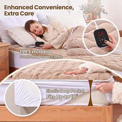 Bearhug King Heated Mattress Pad, Dual Control Bed Warmer with 10 Heat Level, Auto Shut Off Timer, Zipper Electric Mattress Pad with Deep Pocket Up to 18", ETL Certified, Machine Wash 78" x 80", Brown