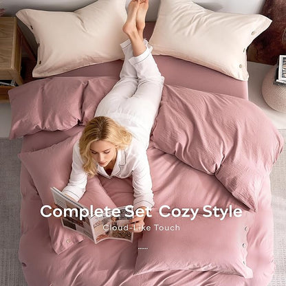 JELLYMONI 100% Washed Cotton Duvet Cover Twin – Soft, Breathable Linen-Look Bedding with Natural Wrinkle Texture, Button Closure, 3-Piece Set (Darker Rose, 68"x90")
