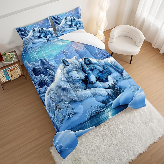 HOSIMA Full Comforter for Kids,Wolves Snuggling up Together in Cave,Snow Mountains Pattern Animal Bedding for Girls Boys Room Decor,Lightweight Fluffy Wolf Comforter with 2 Pillowcases.