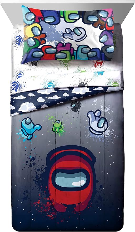 Jay Franco Among Us Space Splatter (4 Piece) Twin Size Bed Set - Includes Comforter & Sheet Set - Super Soft Fade Resistant Microfiber (Official Among Us Product)