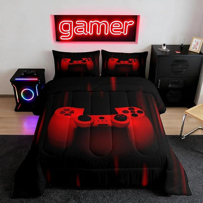 Feelyou Twin Comforter Set for Boys Gamer Bedding Set for Boys Kids Gaming Comforter Red Black Teen Child Gamer Room Decor Soft Game Geometric Duvet Quilted 1 Comforter with 1 Pillowcase Gamer Gifts