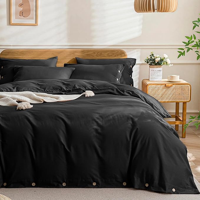 JELLYMONI Cotton Duvet Cover Queen Size - Pure Black Comforter Cover with Button 100% Washed Cotton 3PCS Breathable Soft Solid Bedding Set Duvet Cover 90×90in & 2 Pillowcases (NO Comforter)