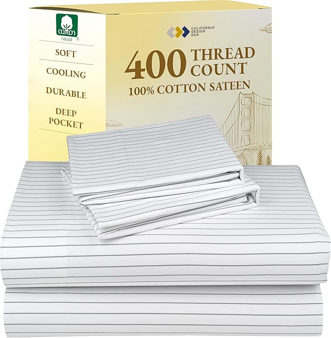 California Design Den California King Sheet Sets - 400 Thread Count Sateen, Natural 100% Cotton Sheets, Deep Pocket and Durable Bedding Set - Pinstriped