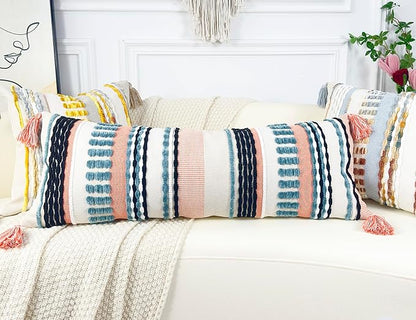 Chenille and Cotton Long Pillow for Bed, Striped Textured Boho Lumbar Throw Pillow Cover 16x36, Neutral Accent Decorative Extra Long Body Pillow Case for Couch, Sofa, Bedroom, Turquoise