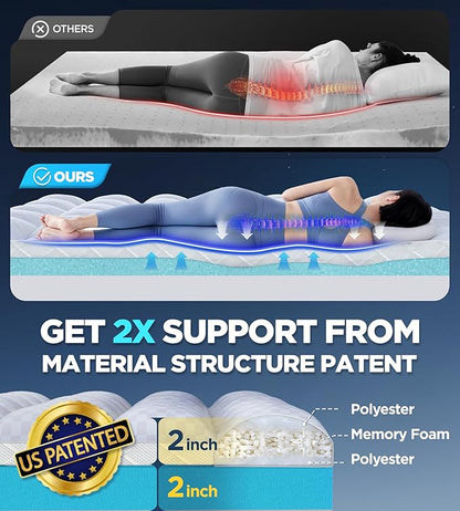 Dual Layer Memory Foam Mattress Topper for Pain Relief with 2X Support, 2" Fluffy Pillow Top King Mattress Topper Plus 2" Odor-Free Cooling Gel Memory Foam Ultra Comfort Mattress Pad Cover