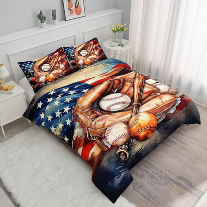 Kids Comforter Set American Flag Baseball Printed Pattern Bedding Set with 1 Comforter and 2 Pillowcases for Girls Boys Bedroom All Season(C-American Flag Baseball01 Full)