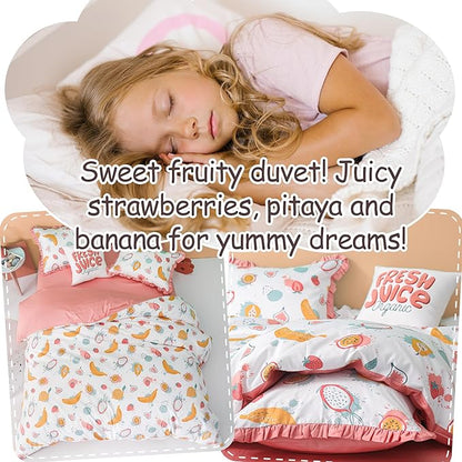 Simple&Opulence 100% Organic Cotton Duvet Cover for Kids Teens, 3 Piece Soft Cartoon Comforter Cover with Zipper Closure, Kawaii Girls Bedding Set with Colorful Fruits Pattern, Twin