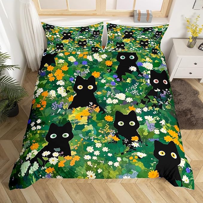 Cute Cats Duvet Cover Set King Size,Watercolor Flowers Green Leaves Plant Reversible Quilt Cover with 2 Pillowcases,Black Kawaii Animal Oil Painting Microfiber Comforter Cover (Not Comforter)