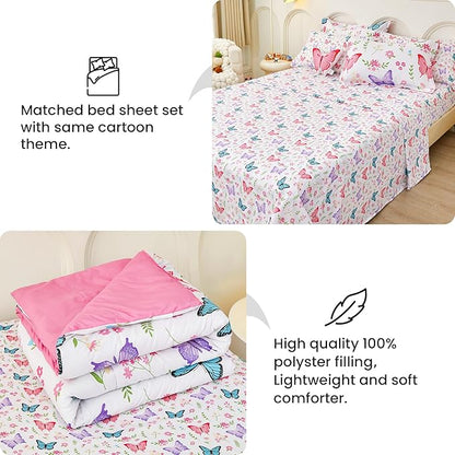 Mooreeke Full Size Comforter Sets for Girls Kids, 8 Pieces Bed in a Bag Flower Butterfly Bedding Comforter Sheet Set with Shams and Decorative Toy Pillow, Ultral Soft Microfiber Kids Bed Set