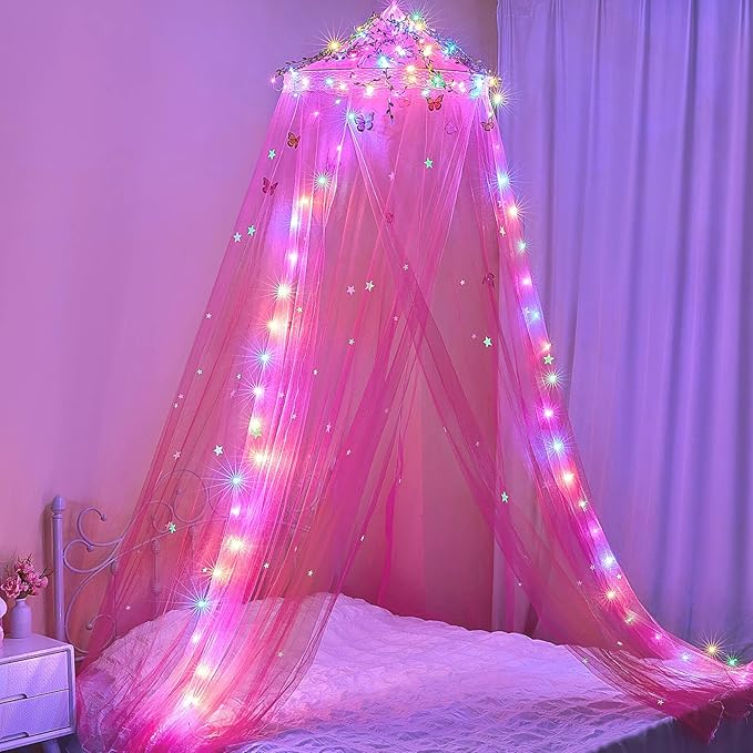 FIOBEE Bed Canopy for Girls Room Bed Canopy Curtains with Led Lights Mosquito Net DIY Princess Room Décor with Stars Butterflies for Kids Bedroom, Red