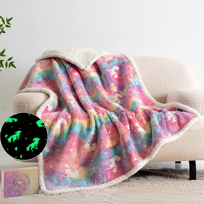QSTEHEML Unicorns Glow in The Dark Blanket,Unicorn Gifts Sherpa Fleece Throw Blanket for Girls Age 3-12 Year Old, for Teens- Christmas Birthday Bedroom Decor 50"×60"
