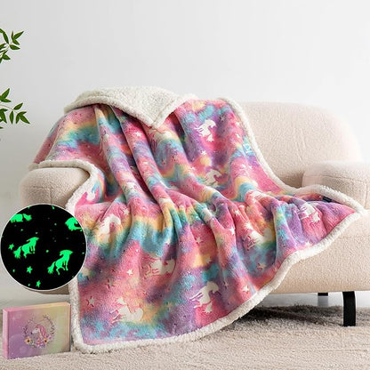 QSTEHEML Unicorns Glow in The Dark Blanket,Unicorn Gifts Sherpa Fleece Throw Blanket for Girls Age 3-12 Year Old, for Teens- Christmas Birthday Bedroom Decor 50"×60"