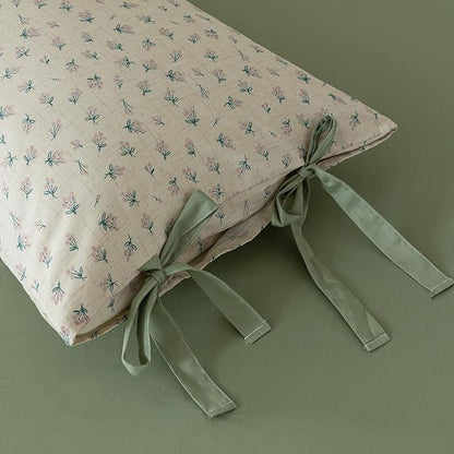 AOJIM Green Floral Printed Duvet Cover Queen Size Vintage Style, 100% Cotton Comforter Cover Set 3pcs for Room Decor, 1 Soft Quilt Cover 90x90'' and 2 Pillowcases 20x26'' with Bow Ties, No Comforter