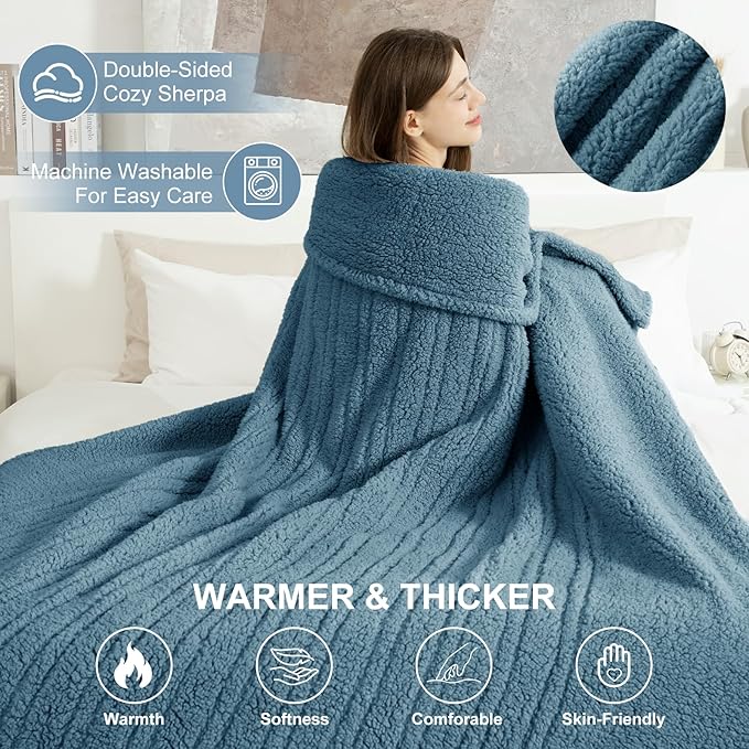 Electric Blanket Full Size 72"X84" Blue - Soft Double Sided Sherpa Heated Blanket Full Size with LED Display, 6 Heating Levels & 10 hrs Timer, Machine Washable & Fast Heating for Women