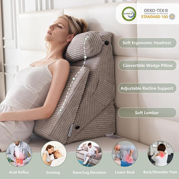 HIGOGOGO 10PCS Orthopedic Bed Wedge Pillow Set – Adjustable Soft Foam Body Positioners for After Surgery Recovery, Back & Leg Pain Relief, Sitting Up in Bed, Acid Reflux & GERD, Grey