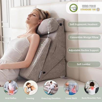 HIGOGOGO 10PCS Orthopedic Bed Wedge Pillow Set – Adjustable Soft Foam Body Positioners for After Surgery Recovery, Back & Leg Pain Relief, Sitting Up in Bed, Acid Reflux & GERD, Grey