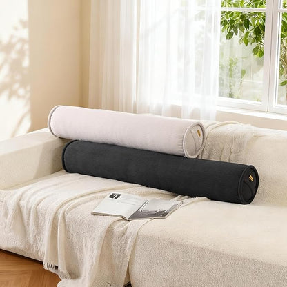 Long Round Body Pillow for Adults – Corduroy Cervical Roll Bolster Pillow, Firm Support for Spine Alignment & Side Sleeping,59 x 7.87 Inches,Beige Gray