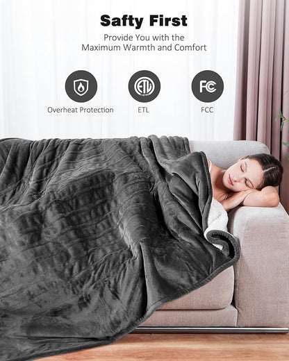 Heated Blanket Throw with 2 Wearable Buttons, Lux-Soft Flannel Sherpa Electric Blanket 9 Heat Levels & 1-10H Timer, 50"x60" Wearable Heated Throw Blanket, ETL Certified Machine Washable (Grey)