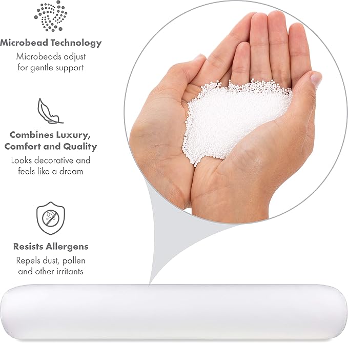 Straight Body Pillow, Full Size Premium Microbead,Side Sleeping/Maternity Pregnant Women, Supportive,Fluffy, Breathable, Cooling, 85/15 Spandex/Nylon Silky Feel Anti-Aging - 48 X 8 - White