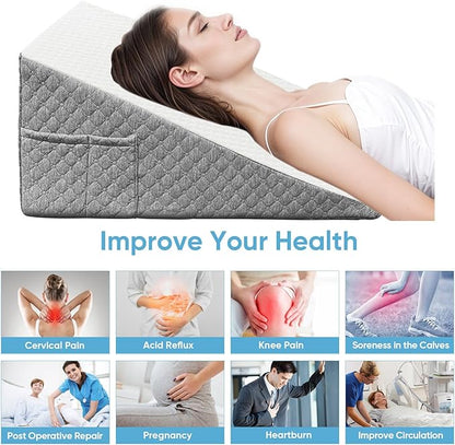 Wedge Pillow, 12 Inch Bed Wedge Pillow for Headboard, Pillow Wedge for Acid Reflux Relief, After Surgery, Sleeping，Back Pain Relief, Memory Foam Top, LightGrey