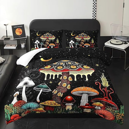 Kids Cute Mushroom Comforter 3Pcs Queen Natural Wild Botanical Fungus Bedding Set for Kid Teen Girl Boy Adult Plants Floral Moon Night Star Quilt Bed Decor with 1 Comforter and 2 Pillowcases