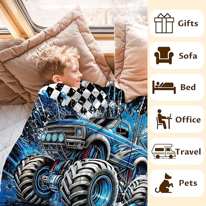 Blanket for Boys, Truck Throw Blanket Gifts for Kids Boys Age 6-8, 40"x50" Cute Flannel Blankets Gift for Son Cars Lovers Lightweight Throws for Couch Sofa Bed Decor (Blue)