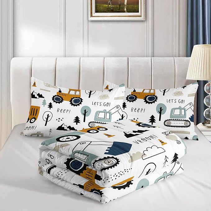 Cartoon Car Comforter Set Kids Construction Printed Bedding Set with 1 Comforter and 2 Pillowcases for Boys and Girls Bedroom All Season(Car Twin)