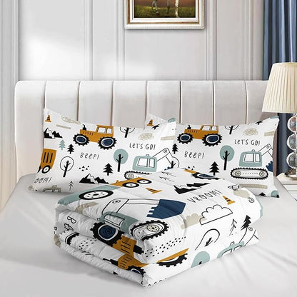 Cartoon Car Comforter Set Kids Construction Printed Bedding Set with 1 Comforter and 2 Pillowcases for Boys and Girls Bedroom All Season(Car Twin)