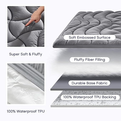 SLEEP ZONE Grey Queen Waterproof Mattress Pad, Premium Soft Embossed Mattress Topper, Quilted Fitted Mattress Protector Cover with Elastic Deep Pocket (Grey, Queen)