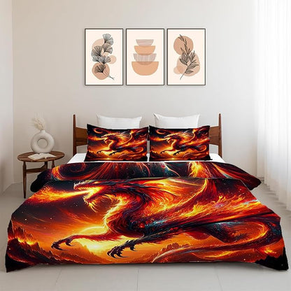 Dragon Bedding Set 3 Pieces Full Size Flame Dragon Duvet Cover Comforter Cover Sets with 2 Pillowcases for Boys Girls Teens Men Women