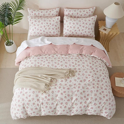 Jane yre Queen Size Duvet Cover Floral Soft Brushed Microfiber Crinkle Gauze Fabric 3 Pieces Floral Bedding Set for All-Season Garden Duvet Cover with Zipper Closure, Luxury Breathable Comfy