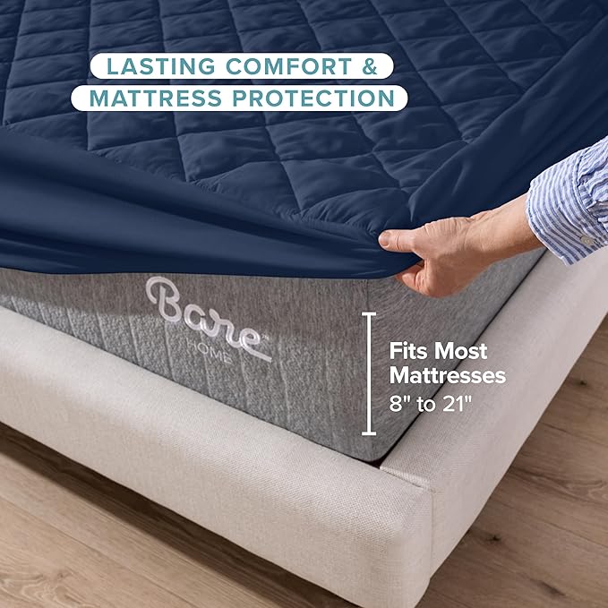 Bare Home Twin Quilted Fitted Mattress Pad - Cooling Mattress Cover - Easily Washable - Elastic Fitted Cover for Mattress - Stretch-to-Fit up to 15 Inches Deep (Twin, Dark Blue)