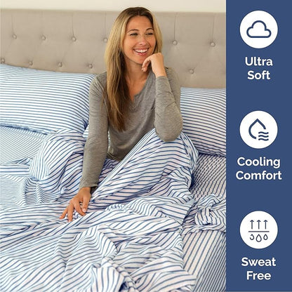 Cal King Size 4 Piece Sheet Set - Comfy Breathable & Cooling Bed Sheets Set - Hotel Luxury Bedding for Women, Men, Kids, Teens, Boys & Girls - Deep Pockets & Wrinkle Free - Oeko-Tex - Blue Stripes 2