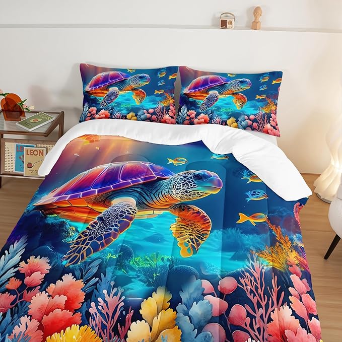 Ocean Bedding Turtle Comforter Set Full Size,Undersea World Bedding Collections for Kids Teens Boys Room Decor,Colorful Coral Aquatic Plants Beach Themed Bedding with 2 Pillowcases.