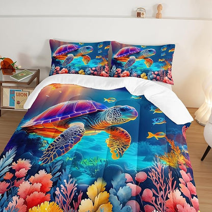 Ocean Bedding Turtle Comforter Set Full Size,Undersea World Bedding Collections for Kids Teens Boys Room Decor,Colorful Coral Aquatic Plants Beach Themed Bedding with 2 Pillowcases.