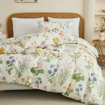 100% Cotton Duvet Cover Queen Size – Botanical Garden Print, Green Floral Duvet Cover Set with Zipper Closure, 3-Piece Soft Breathable Natural Cotton Bedding Set for All Seasons